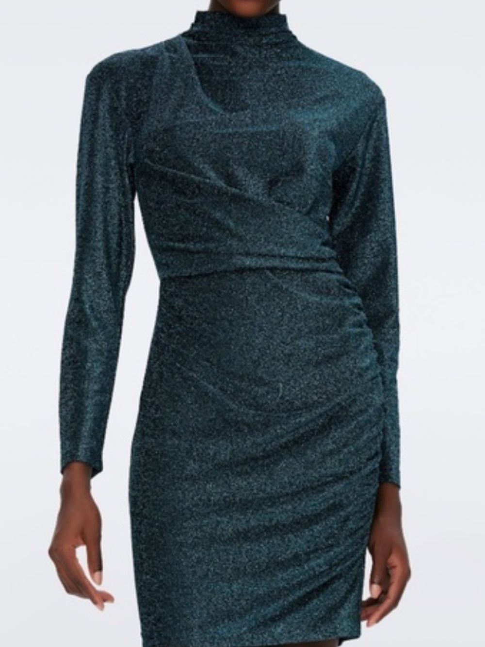 Diane Von Furstenberg Shimmering Teal/ Metallic Blue Long-Sleeve Ruched Dress